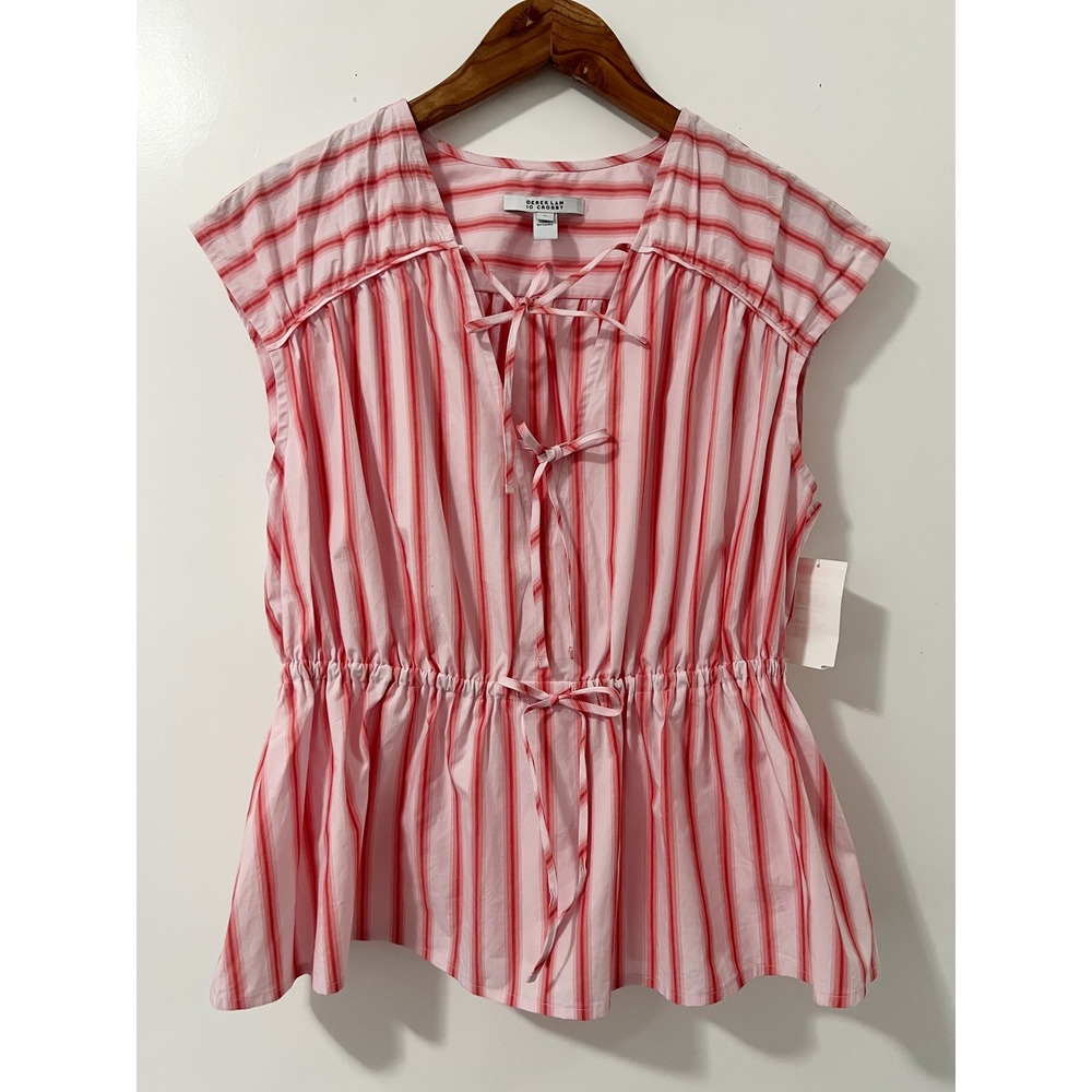 Derek Lam 10 Crosby Pink Red Striped Cotton Peplum Tie Front Blouse Medium